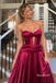 Burgundy Strapless Satin A-Line Gown, Keyhole Cutout Corset Formal Prom Evening Dress, PD4365