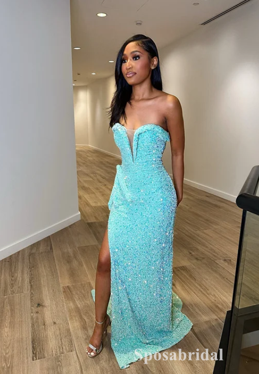 Sexy Sequin Sweetheart V-Neck Sleeveless Side Slit Mermaid Long Prom Dresses,PD3715