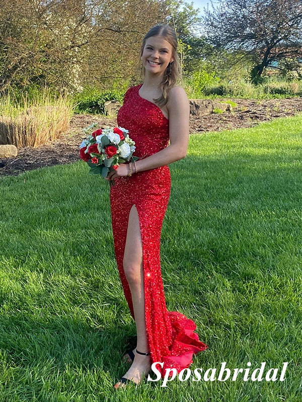 Sexy Red Sequin One Shoulder Long Sleeve Side Slit Mermaid Long Prom Dresses, PD3944