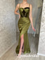 Sexy Soft Satin And Velvet Spaghetti Straps Side Slit Mermaid Long Prom Dresses, PD3767