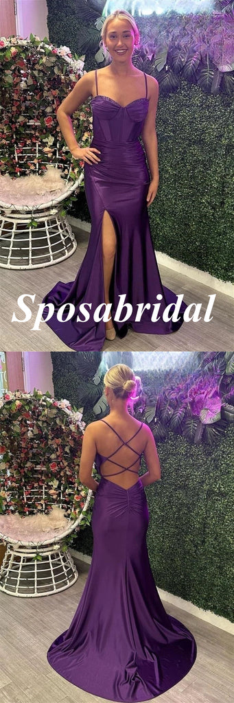 Sexy Grape Satin Sleeveless Criss-Cross Side Slit Mermaid Long Prom Dresses , PD3810