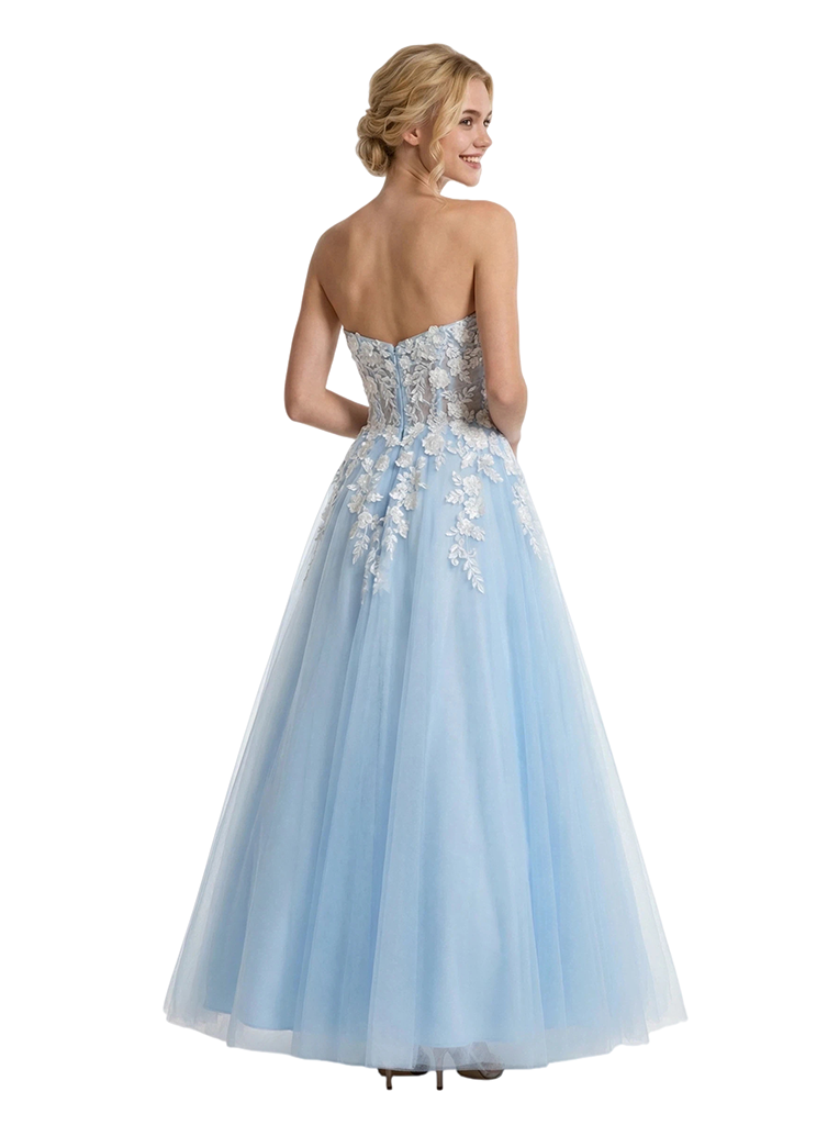 Sweet Tulle Blue And White Sweetheart Sleeveless A-Line Maxi Prom Dress with Appliques, PD4040