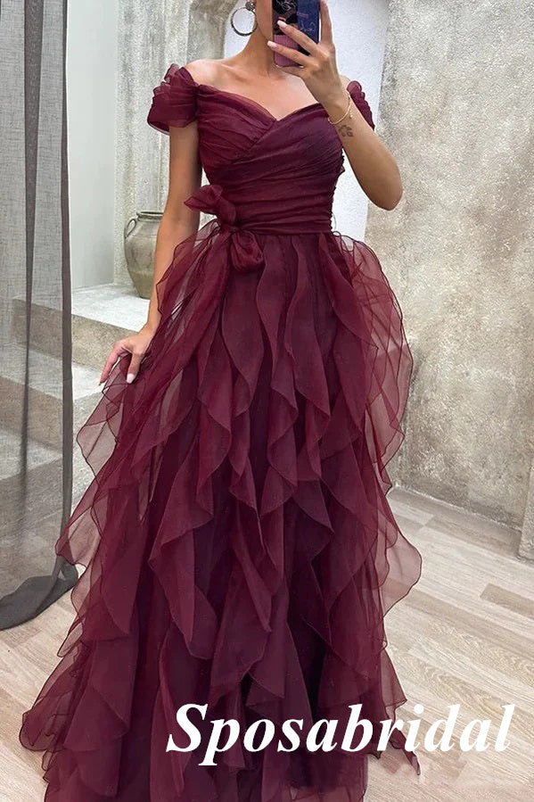 Sexy Tulle Off Shoulder V-Neck A-Line Long Prom Dresses, PD3787