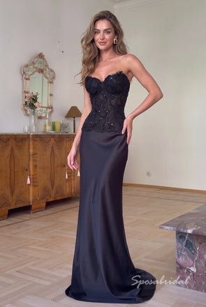 1. Strapless Black Lace Beaded Mermaid Satin Evening Dress, Sheer Bodice Formal Prom Gown, PD4358