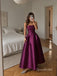 Strapless Plum Satin Midi Evening Dress, Straight Neck Pleated Ballgown Formal Gown, PD4360