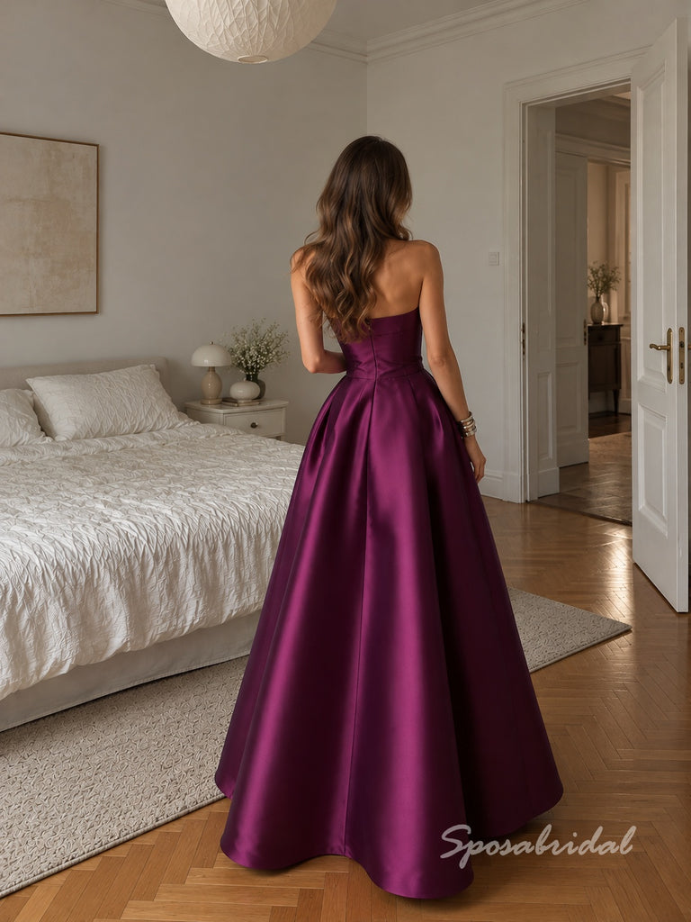 Strapless Plum Satin Midi Evening Dress, Straight Neck Pleated Ballgown Formal Gown, PD4360