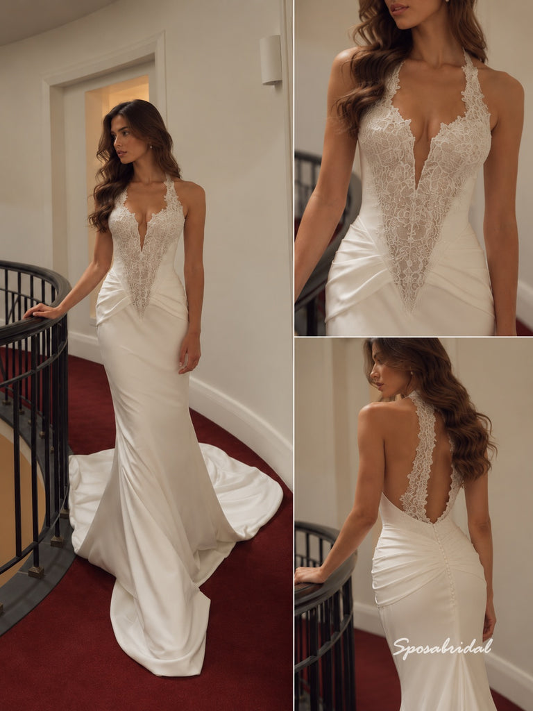 Halter V-Neck Lace Mermaid Wedding Dress, Ruched Satin Fit Bridal Gown, WD3151