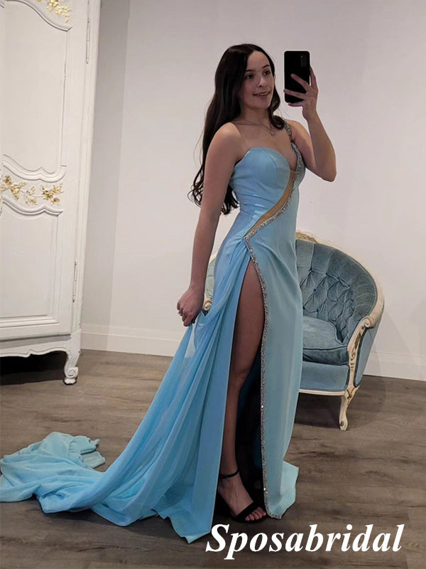 Sexy One Shoulder Sleeveless Side Slit Mermaid Floor Length Long Prom Dresses, PD3983