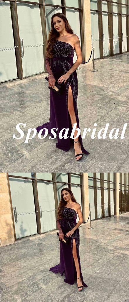 Elegant One Shoulder Long Sleeve Side Slit Mermaid Long Prom Dresses, PD3794