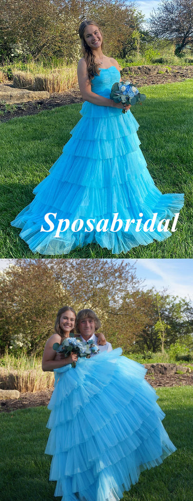 Sexy Blue Tulle Sweetheart Sleeveless A-Line Long Prom Dresses, PD3943