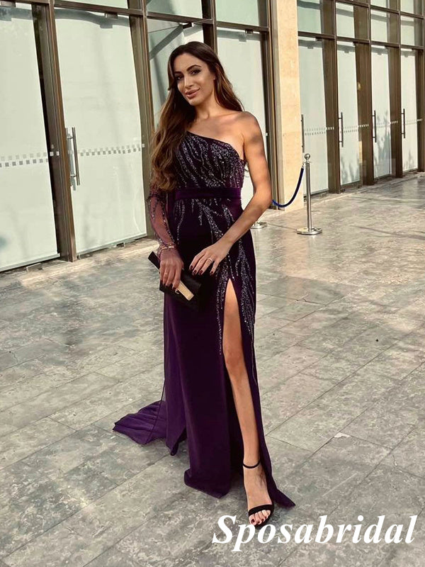 Elegant One Shoulder Long Sleeve Side Slit Mermaid Long Prom Dresses, PD3794