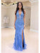 Periwinkle Blue Lace Mermaid Prom Dress | Deep V Neck Open Back Formal Evening Gown, PD4174