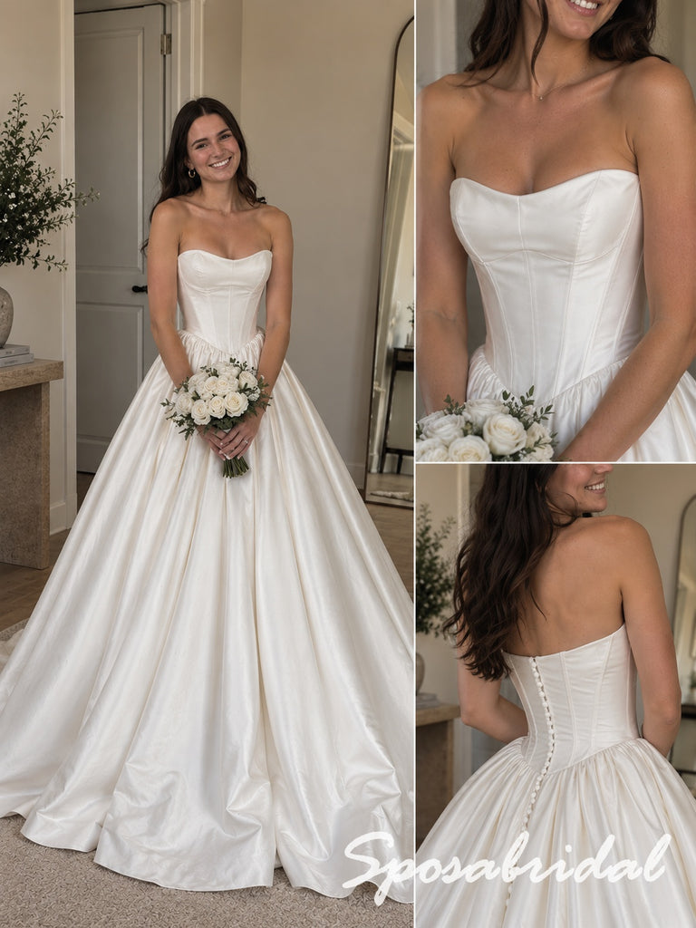 Strapless Sweetheart Neck Satin Corset Bodice Ball Gown Wedding Bridal Dress, WD3129