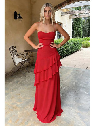 Elegant Chiffon Spaghetti Strap Ruffled Backless Evening Maxi Dress Prom Gown, PD4206