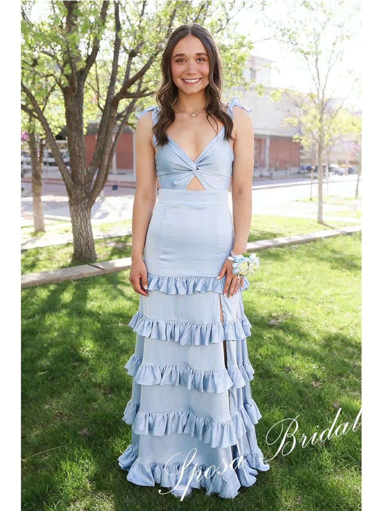 Elegant Soft Satin Spaghetti Straps Sleeveless Side Slit A-Line Prom Dress, PD4074