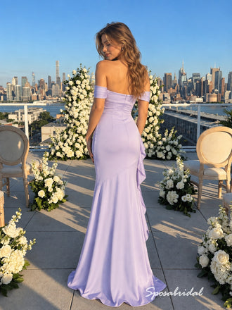 Lavender Off The Shoulder Satin Mermaid Evening Gown, Side Ruffle Slit Formal Prom Dress, PD4370