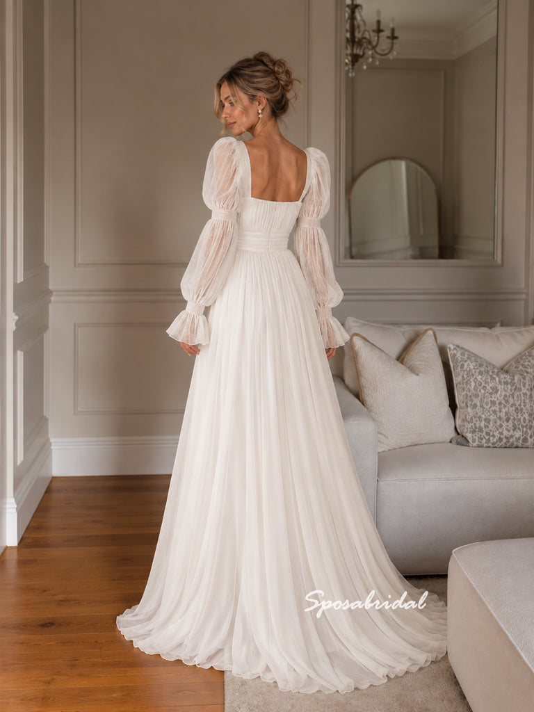 Square Neck Long Puff Sleeve Lace Tulle Wedding Dress, A Line Bridal Gown, WD3152