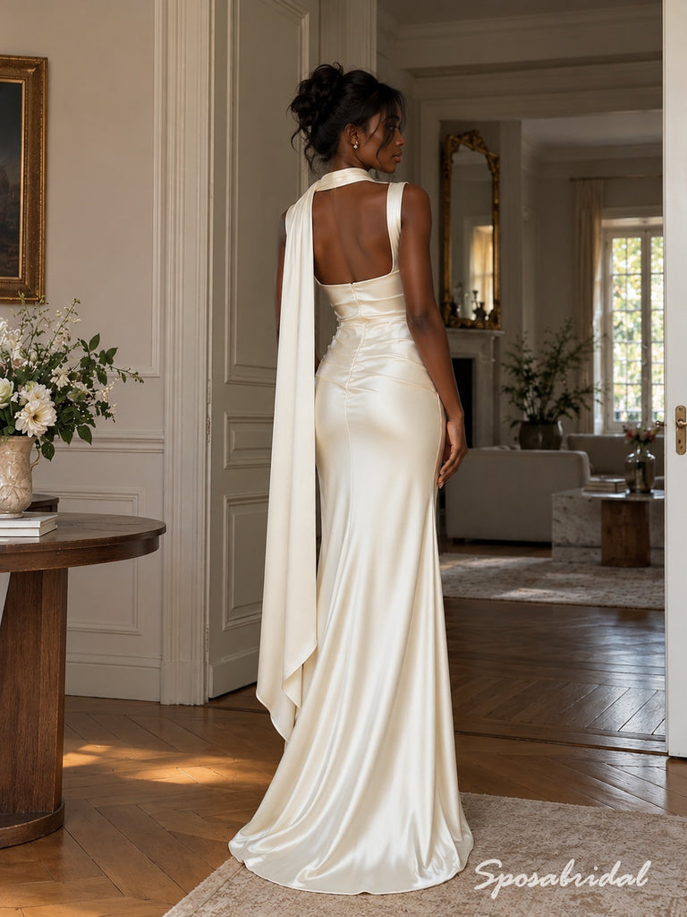 Square Neck Satin Mermaid Wedding Dress, Sleeveless Draped Scarf Floor Length Bridal Gown,PD4342