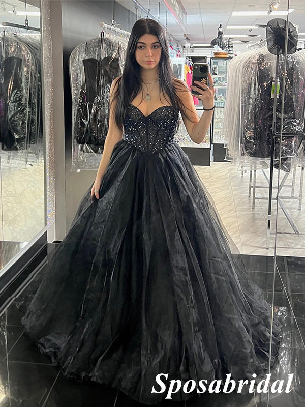 Sexy Black Sweetheart Sleeveless A-Line Long Prom Dresses With Beading, PD3947