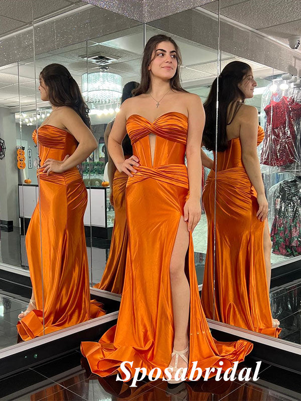 Sexy Orange Soft Satin Sweetheart Side Slit Mermaid Long Prom Dresses, PD3764