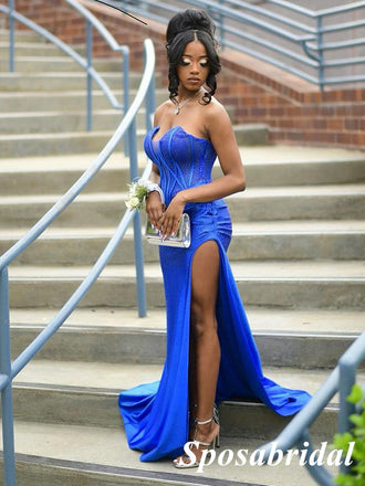 Sexy Satin Sweetheart Side Slit Mermaid Long Prom Dresses With Beading, PD3755