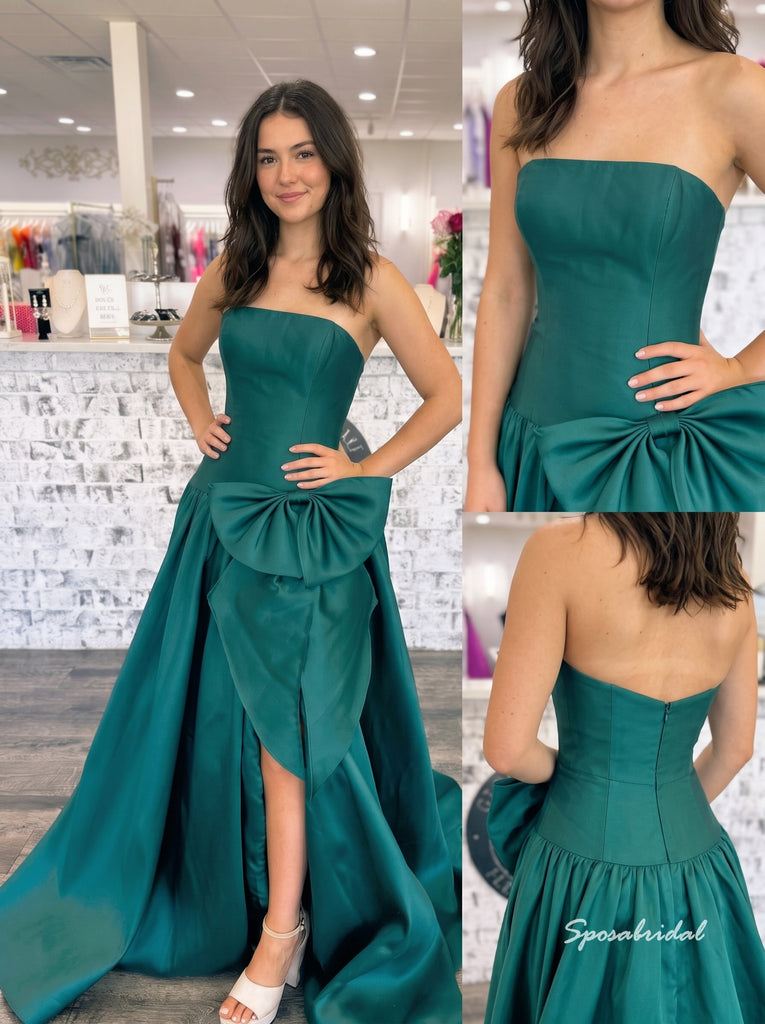 Strapless Satin A-Line Evening Dress, Large Bow Front With Slit Emerald Formal Gown, PD4377