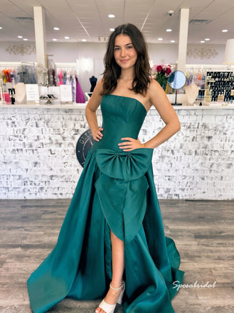 Strapless Satin A-Line Evening Dress, Large Bow Front With Slit Emerald Formal Gown, PD4377