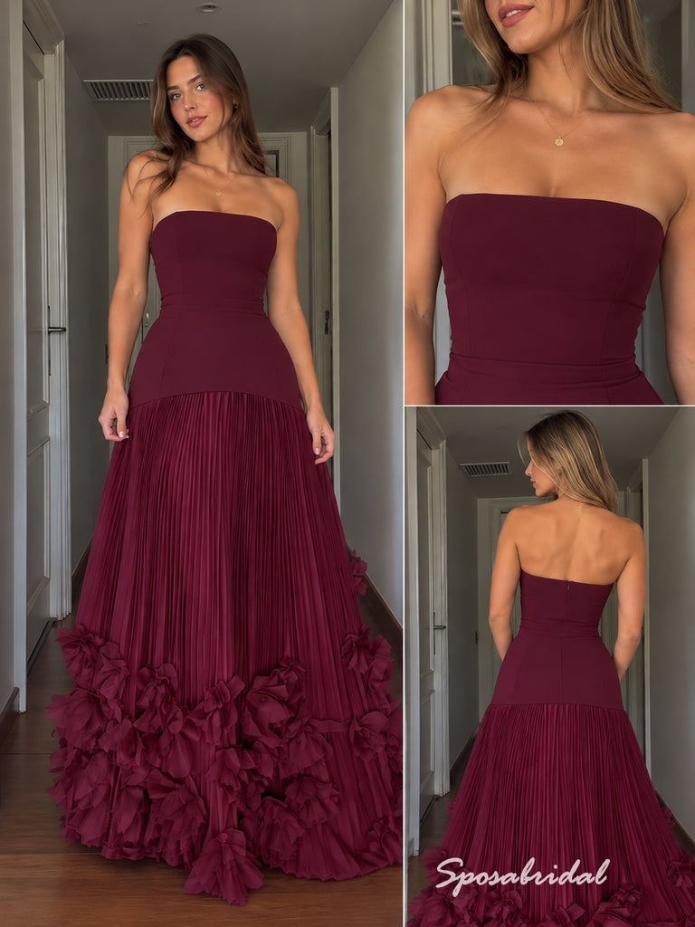 Burgundy Strapless Pleated Tulle Evening Gown, 3D Floral Ruffle Hem Formal Prom Dress, PD4371
