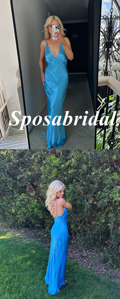 Sexy Soft Satin Spaghetti Straps V-Neck Sleeveless Mermaid Long Prom Dresses, PD3897