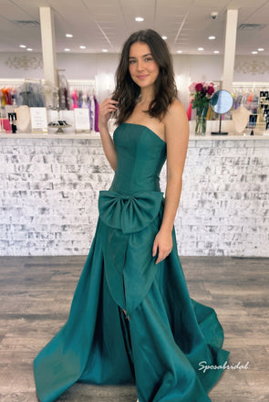 Strapless Satin A-Line Evening Dress, Large Bow Front With Slit Emerald Formal Gown, PD4377