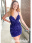 Shiny Purple Sequin Spaghetti Straps V-Neck Sheath Mini Dresses/ Homecoming Dresses, PD3552