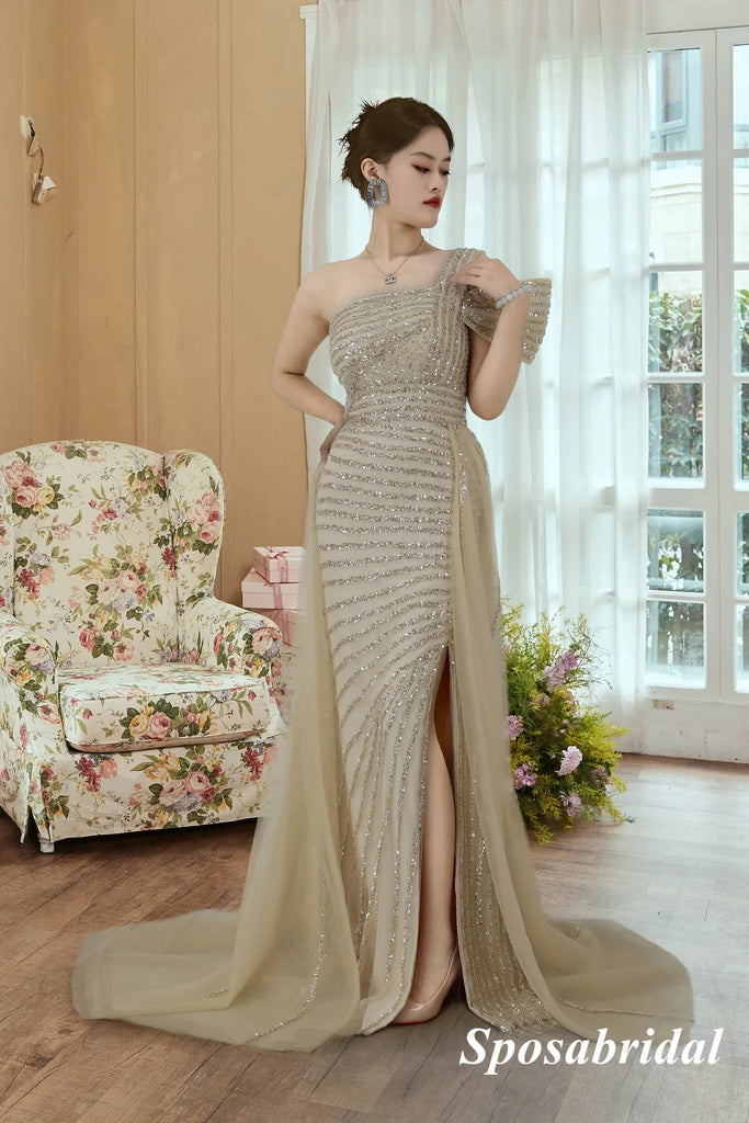 Elegant Tulle One Shoulder Sleeveless Side Slit Mermaid Long Prom Dresses With Train, PD3795