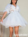 Sexy Tulle V-Neck Half Sleeves Backless A-Line Beach Short Wedding Dresses With Appliques, WD3101