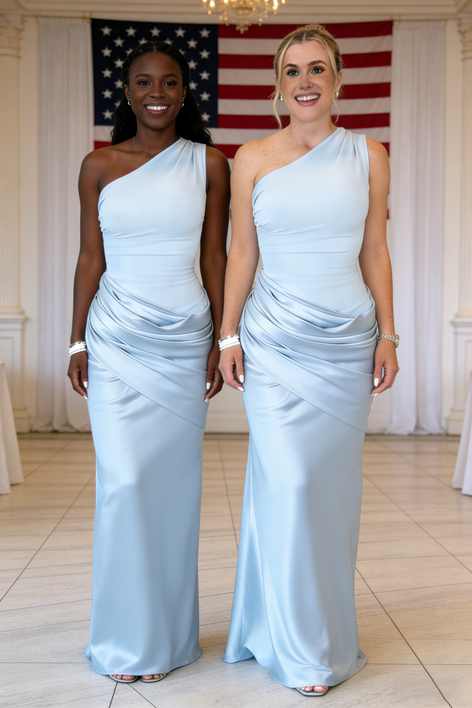 Elegant Light Blue One Shoulder Soft Satin Mermaid Bridesmaid Gown for Wedding, BD3449