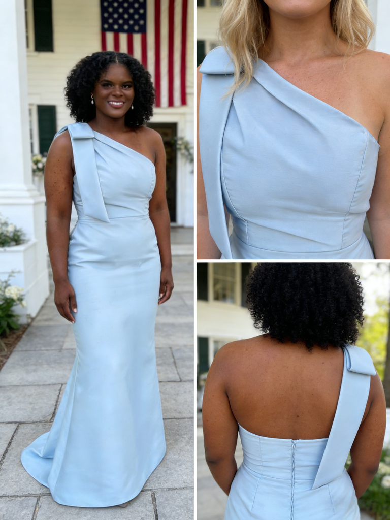 Elegant Light Blue Crepe One Shoulder Mermaid Bridesmaid Gowns for Wedding, BD3446
