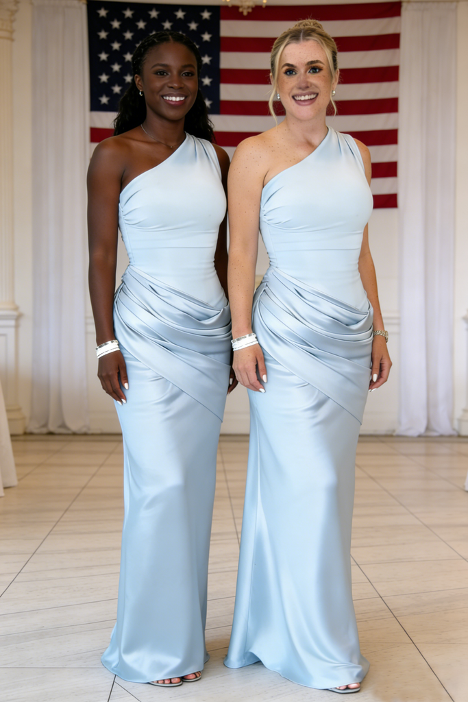 Elegant Light Blue One Shoulder Soft Satin Mermaid Bridesmaid Gown for Wedding, BD3449