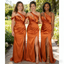 Elegant Burnt Orange Satin One Shoulder Mermaid Bridesmaid Dress with High Slit for Wedding, BD3451
