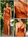 Elegant Burnt Orange Satin One Shoulder Mermaid Bridesmaid Dress with High Slit for Wedding, BD3451