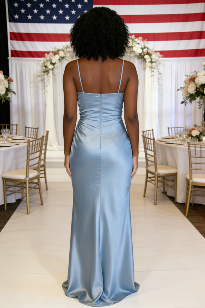 Sexy Dusty Blue Soft Satin Spaghetti Straps Mermaid Bridesmaid Dresses with High Slit, BD3447