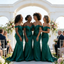 Dark Green Satin Off Shoulder Bridesmaid Gown with Train for Formal Wedding Party, BD3452