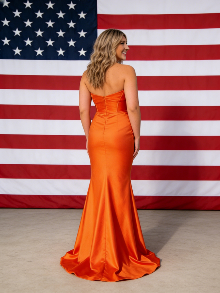 Sexy Orange Strapless Soft Satin Mermaid Bridesmaid Gown for Fall Wedding, BD3450
