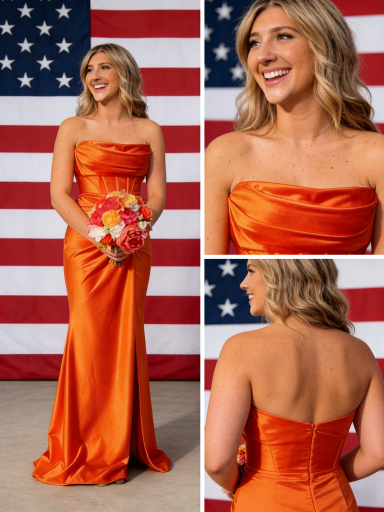 Sexy Orange Strapless Soft Satin Mermaid Bridesmaid Gown for Fall Wedding, BD3450