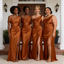 Elegant Burnt Orange Satin Asymmetric Mermaid Long Bridesmaid Dresses with Slit for Wedding Party, BD3454