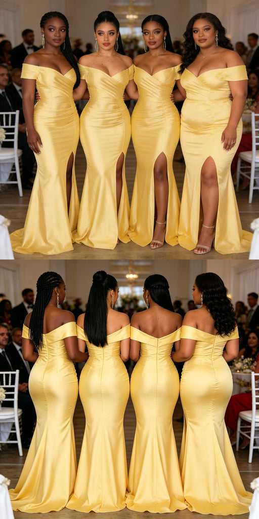 Gorgeous Yellow Off The Shoulder Satin Bridesmaid Dresses Mermaid Silhouette For Summer Weddings, BD3458