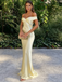 Elegant Pale Yellow Off-the-Shoulder Satin Mermaid Silhouette Bridesmaid Dress, BD3459
