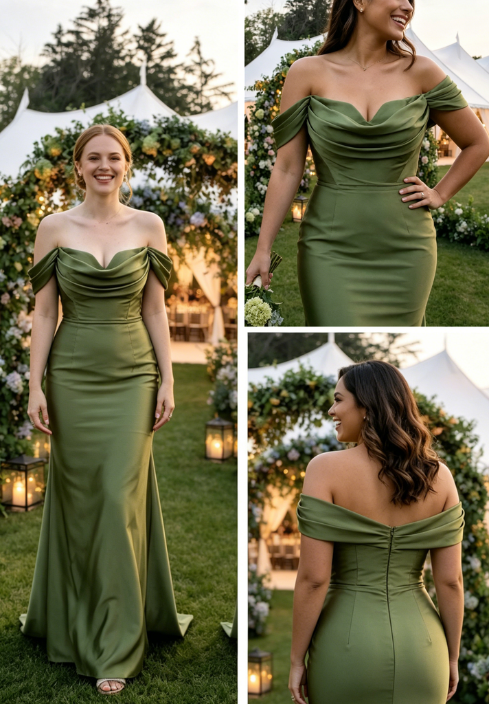 Elegant Olive Green Satin Off The Shoulder Mermaid Bridesmaid Dress for Wedding Party, BD3469