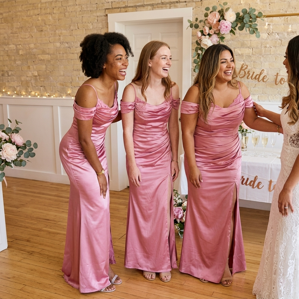 Dusty-Rose Soft Satin Cold Shoulder Side Slit Mermaid Bridesmaid Dress With Ruched Bodice, BD3472