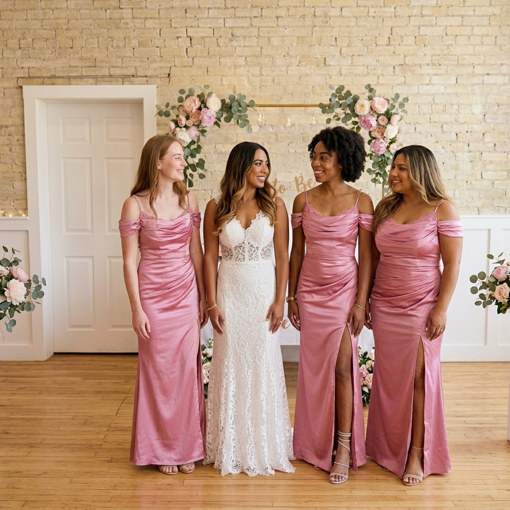 Dusty-Rose Soft Satin Cold Shoulder Side Slit Mermaid Bridesmaid Dress With Ruched Bodice, BD3472