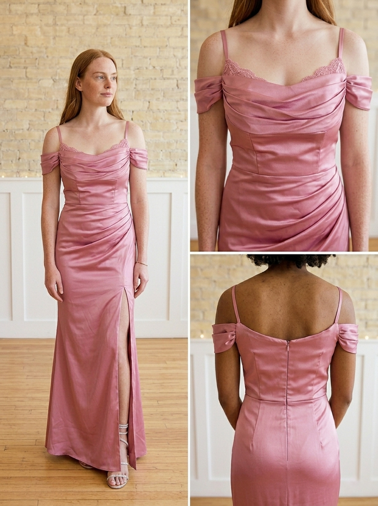 Dusty-Rose Soft Satin Cold Shoulder Side Slit Mermaid Bridesmaid Dress With Ruched Bodice, BD3472