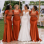 Burnt Orange Satin Beaded Sweetheart Puff Sleeves Mermaid Formal Gown, BD3476